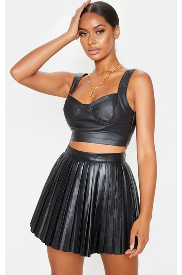 Black Faux Leather Pleated Skater Skirt