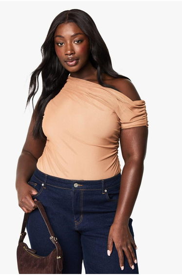 PLUS MESH OVERLAY RUCHED BODYSUIT - taupe