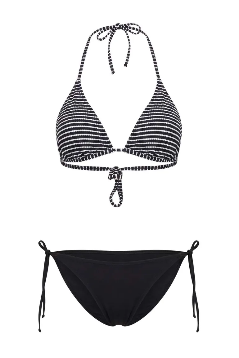 Black-White Striped Balconette Brief Normal Waist Throw Cap Bikini Set - 5