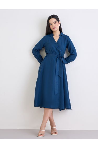 Women Teal Plain Long Sleeves A-Line Midi Dress