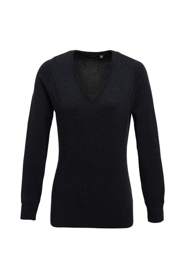 Premier Womens/Ladies Knitted Cotton Acrylic V Neck Sweatshirt - Charcoal