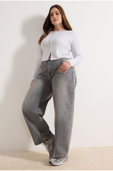 Gray Melange Snap Crop Top Basic Knitted Plus Size Blouse