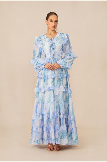 Divinely Blooming Blue Floral Print Ruffled Maxi Dress
