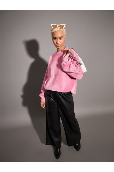 Relaxed Fit Fleece Faux Fur Pearl Stud Sweatshirt