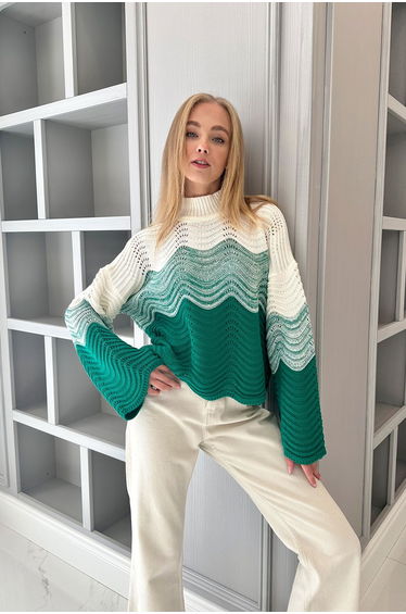 Women's Green Half Turtleneck Openwork and Blocked Knitwear Sweater