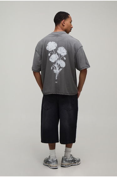 Charcoal Oversized Boxy Exposed Seam Floral Print Spray Wash T-Shirt - grey product thumbnail 3