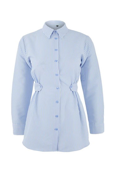 Blue Fitted Terry Cotton Plain Woven Elastic Back Hijab Shirt