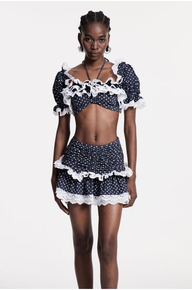 Braelis Off Shoulder Lace Dot Skirt Set