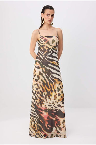Brown-Multicolor Animal Woven Tulle Maxi Evening Dress & Graduation Gown