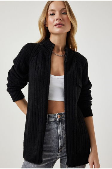Women's Black Zippered Knitwear Cardigan