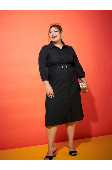 Plus Size Black Shirt Belted Midi Dress