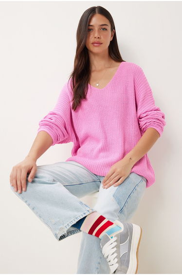Women's Pink V-Neck Thessaloniki Knit Oversize Knitwear Sweater