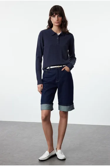 Navy Blue Wool Polo Neck Knitwear Sweater