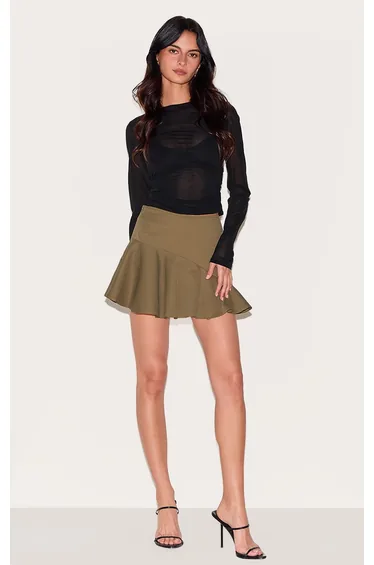 Dark Khaki Tailored Woven Scalloped Edge Mini Skirt