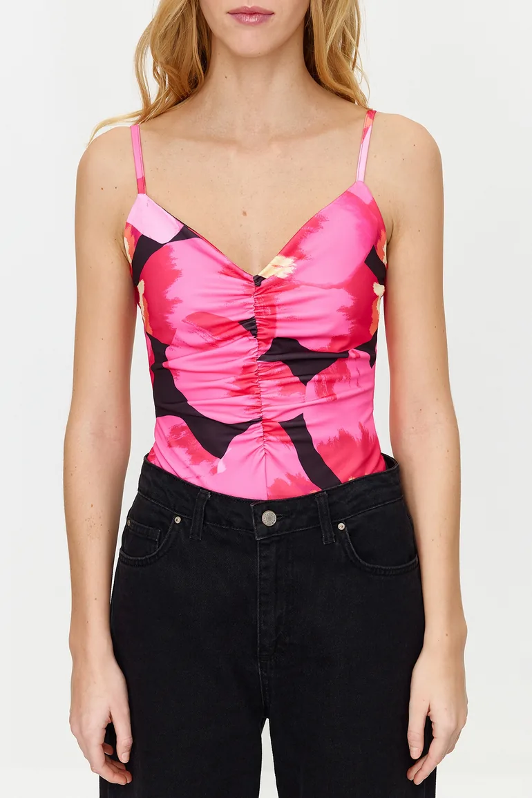 Pink Flower Patterned V-Neck Stretchy Snap-on Knitted Bodysuit - 6