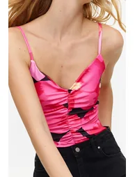 Pink Flower Patterned V-Neck Stretchy Snap-on Knitted Bodysuit - 3