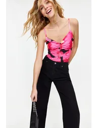 Pink Flower Patterned V-Neck Stretchy Snap-on Knitted Bodysuit - 7