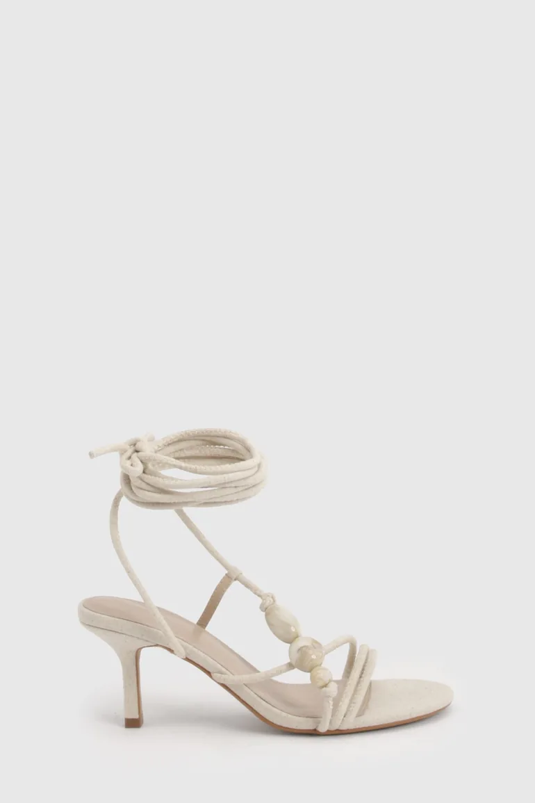 Linen Bead Detail Asymmetric Strappy Stiletto Heels - natural - 2