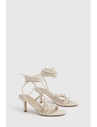 Linen Bead Detail Asymmetric Strappy Stiletto Heels - natural - 1