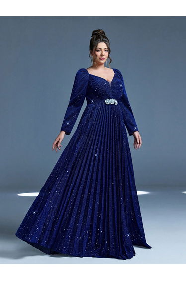 Leely Plus Women's Elegant V Neck Long Sleeve Party Dresses