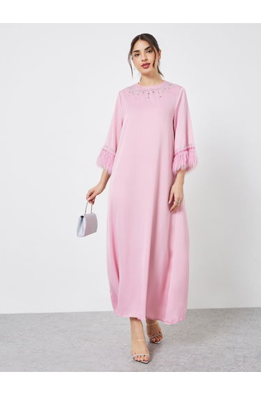 Embellished Fur Sleeve Detail Jalabiya