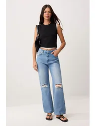 Blue Ripped Detailed High Waist Straight Jeans