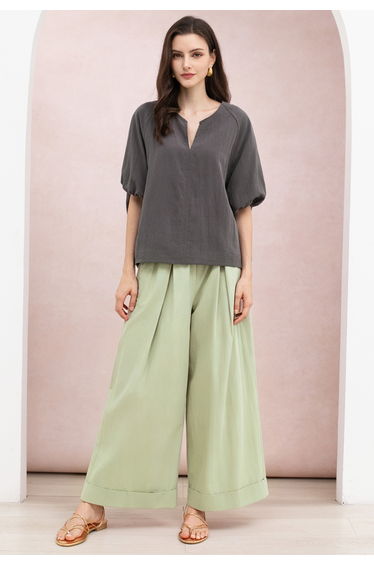 Pleated Cuffed Hem Palazzo Cotton Pants in Pistachio for Office & Daily Wear