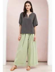 Pleated Cuffed Hem Palazzo Cotton Pants in Pistachio for Office & Daily Wear