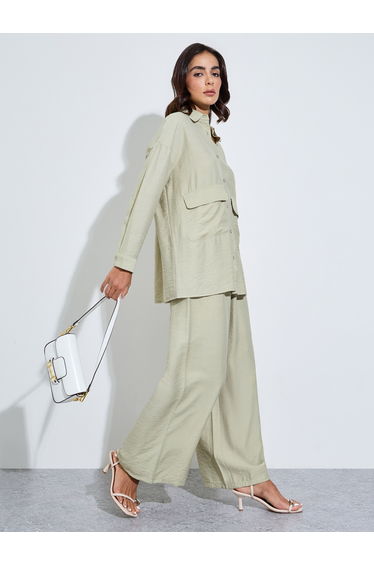 Green Oversized Shirt and Wide Leg Pants Modest Set