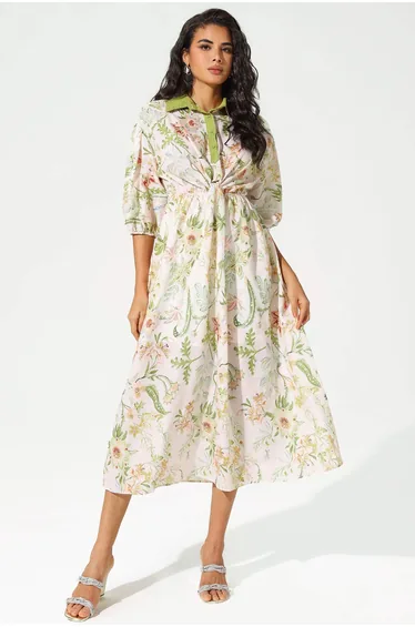 Margot Floral Mid Sleeve Lace Up Midi Dress