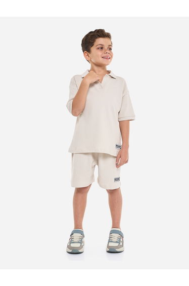 Boys Beige Cotton Jacquard Polo and Shorts Set