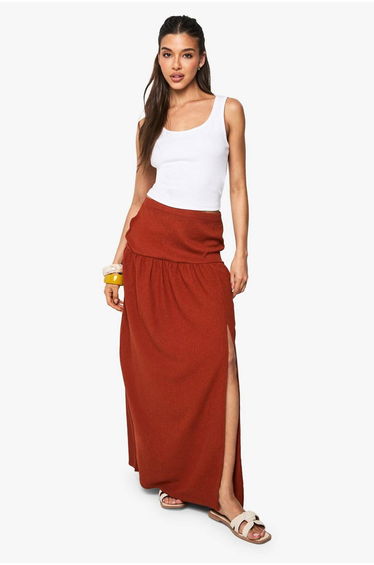 Textured Split Front Tiered Maxi Skirt - rust
