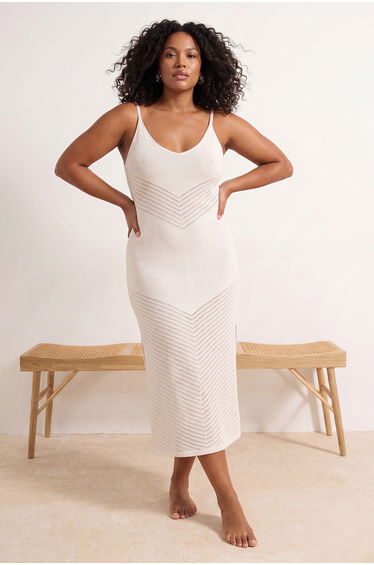 Beachwear Ecru Midi V-Neck Knitwear Beach Dress