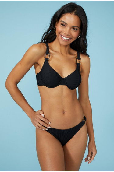 Cheeky Textured High Leg Bikini Bottom - black