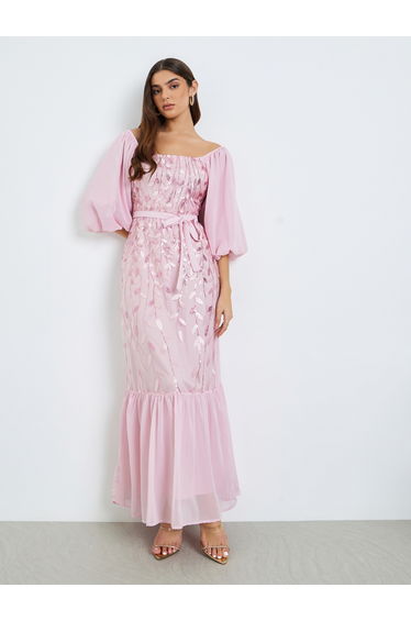 Women Pink Embroidered Puff Sleeves Maxi Dress