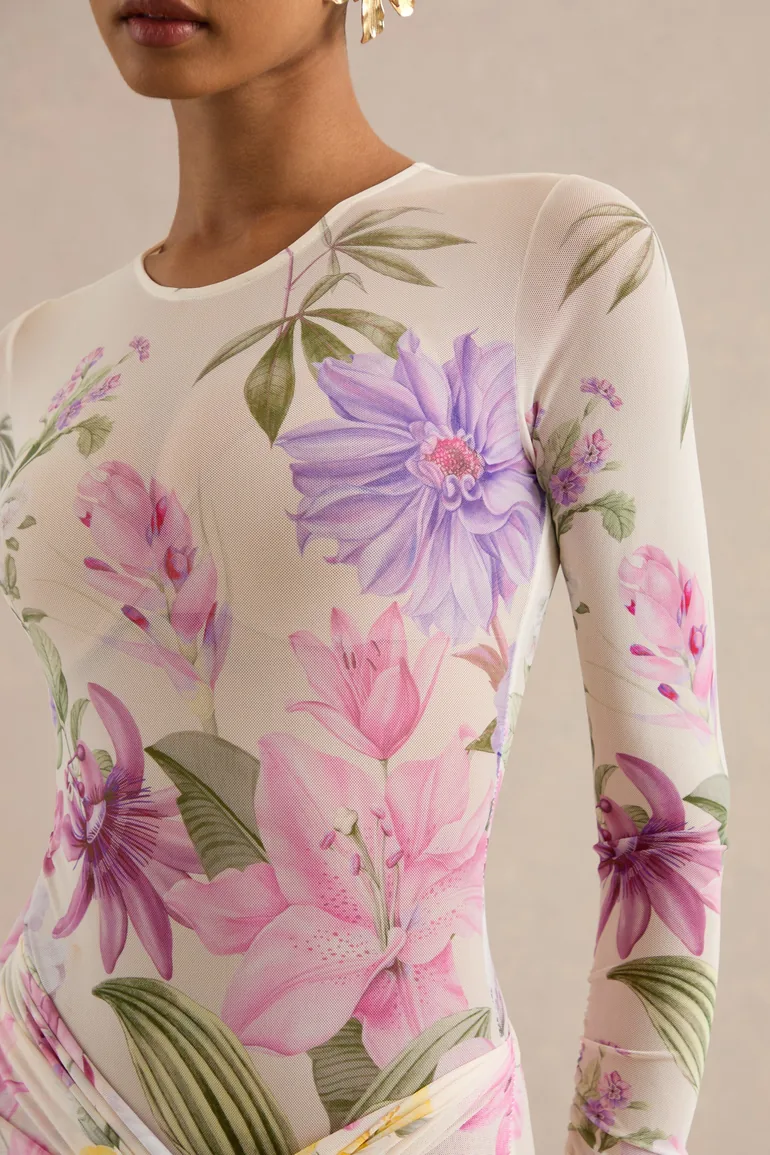 Malva | Cream Floral Print Mesh Round-Neck Bodysuit - 4