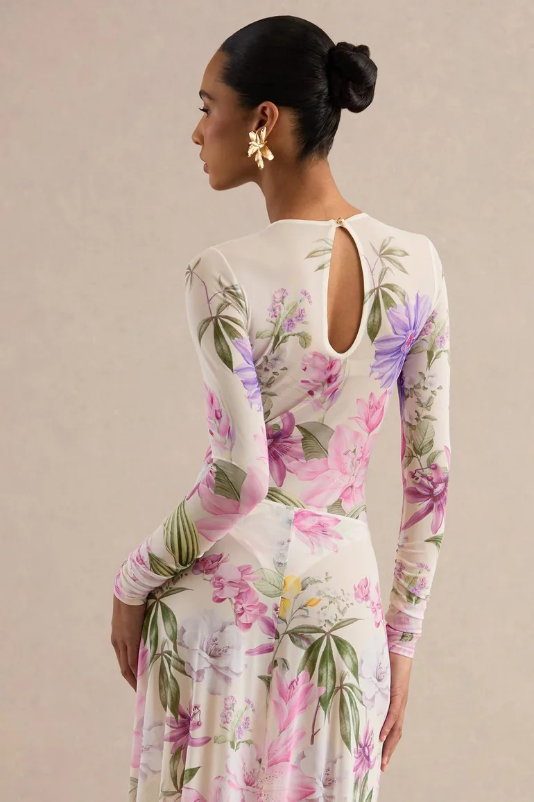 Malva | Cream Floral Print Mesh Round-Neck Bodysuit - 1