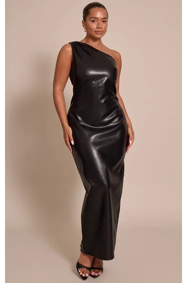 فستان ماكسي جلد صناعي بكتف واحد لون أسود - للمقاسات الممتلئة