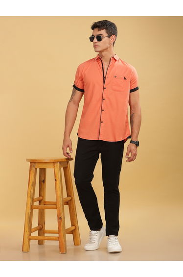 Men Orange Linen Blend Short Sleeve Shirt