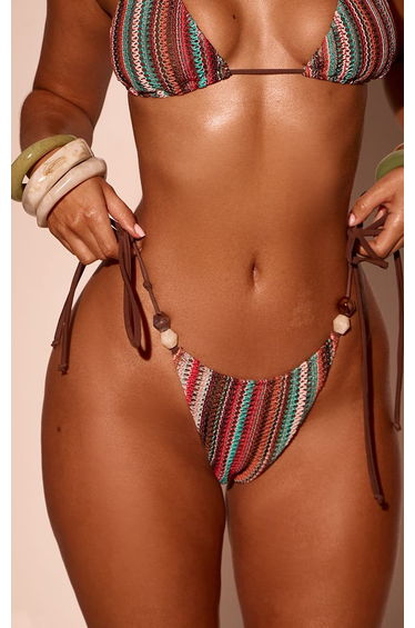 Blue Crochet Bead Trim Tie Side Bikini Bottoms