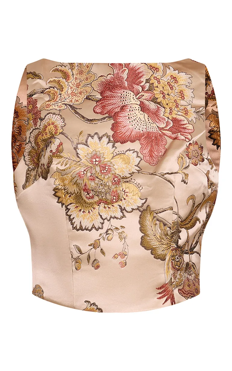 Multi Floral Jacquard Embroidered Open Back Long Top - 4