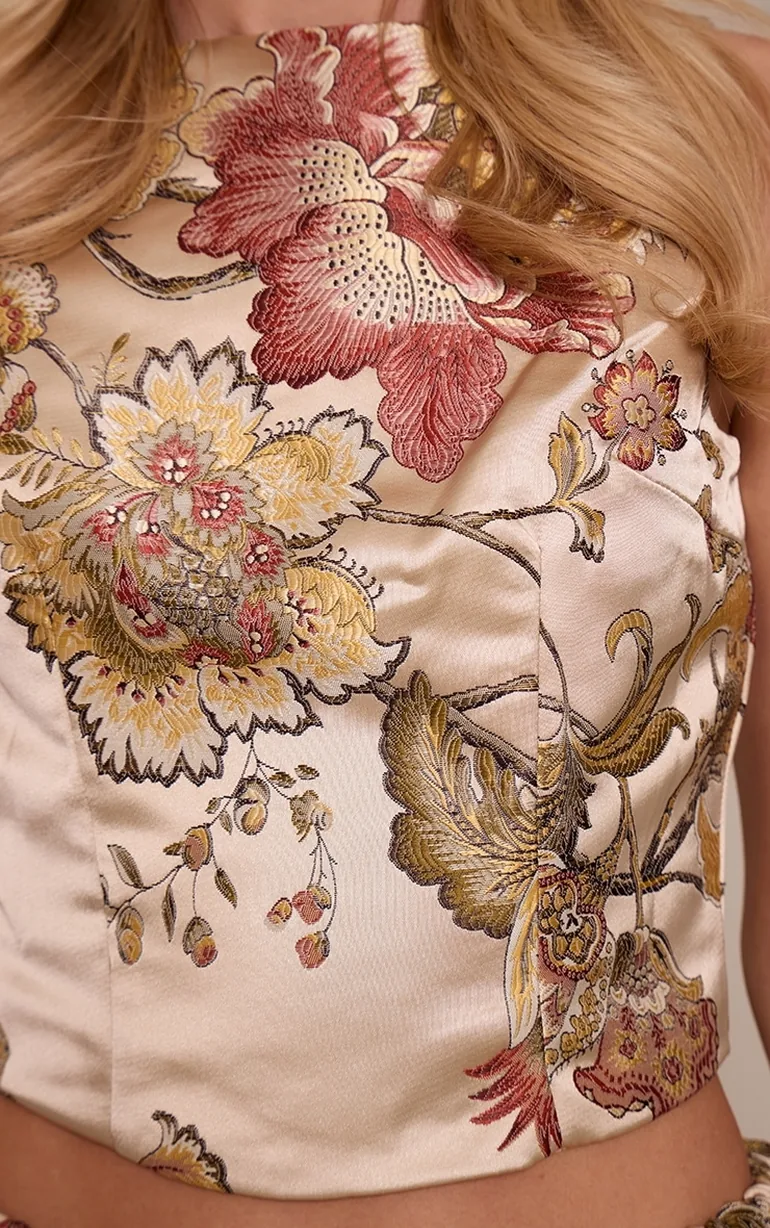 Multi Floral Jacquard Embroidered Open Back Long Top - 3