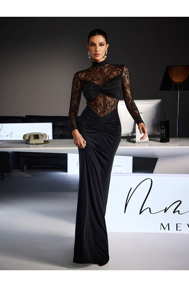 Feri Long Sleeve Embroidered Ruched Maxi Dress