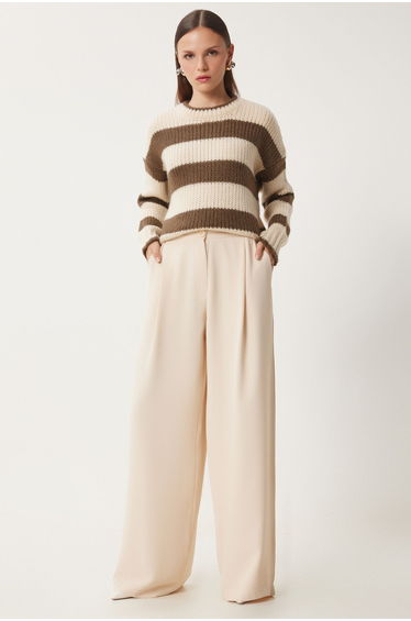 Women's Cream Pocket Woven Palazzo Trousers
