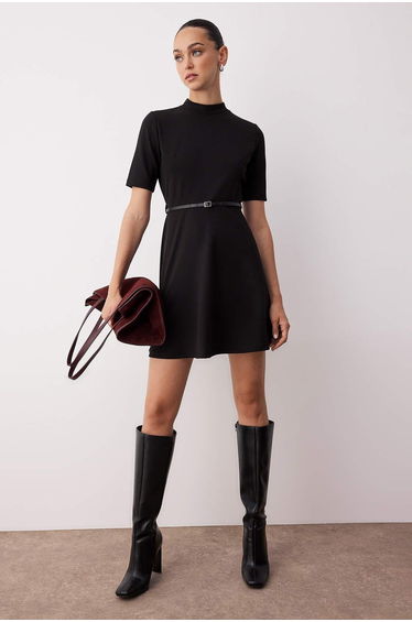 Black Stand Collar Three Quarter Sleeve Skater/Waist Open Mini Knit Dress