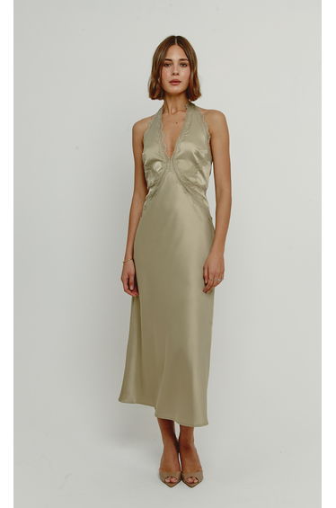 Olive Lace Trim Slip Midaxi Dress