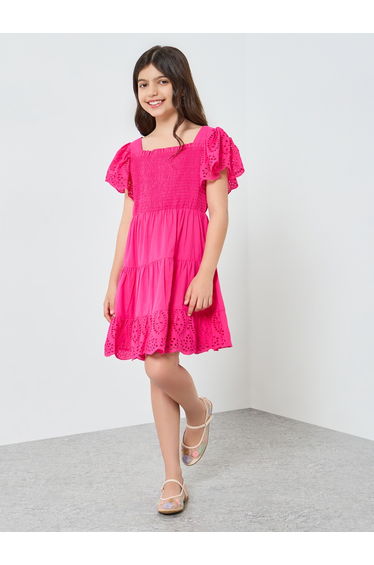 Girls Pink Smocked Waist Mini Dress