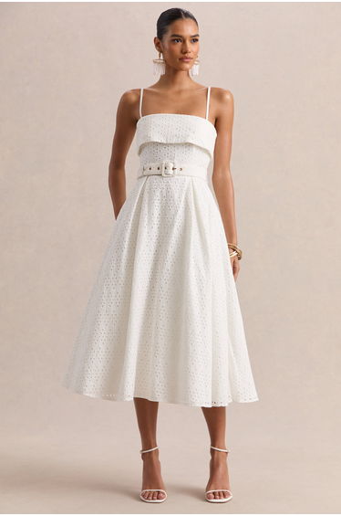 Zoeva | Cream Broderie Square-Neck Belted Midi Dress