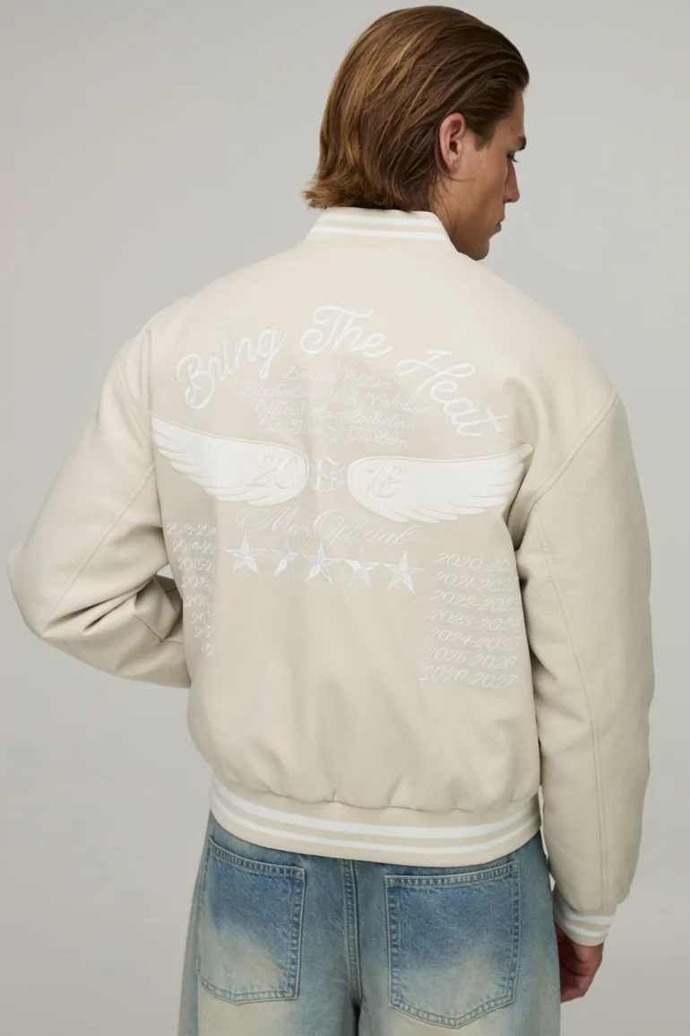 Boxy Fit PU Embroidered Heat Varsity Jacket - ecru - 2