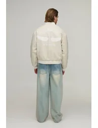 Boxy Fit PU Embroidered Heat Varsity Jacket - ecru - 1